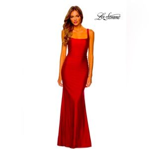 Elegant designer ruby red evening gown from Nordstrom.